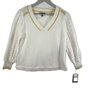 NWT Preppy Cotton Sweater Cream VNeck Granny core Cozy Academia Norm Womens Sz S